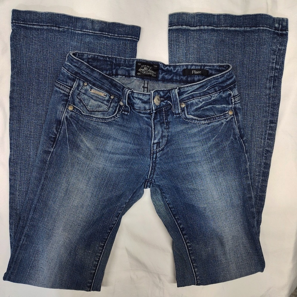 Bedrock for Express blue jeans 2 flare embroidered embellished rock preppy hip